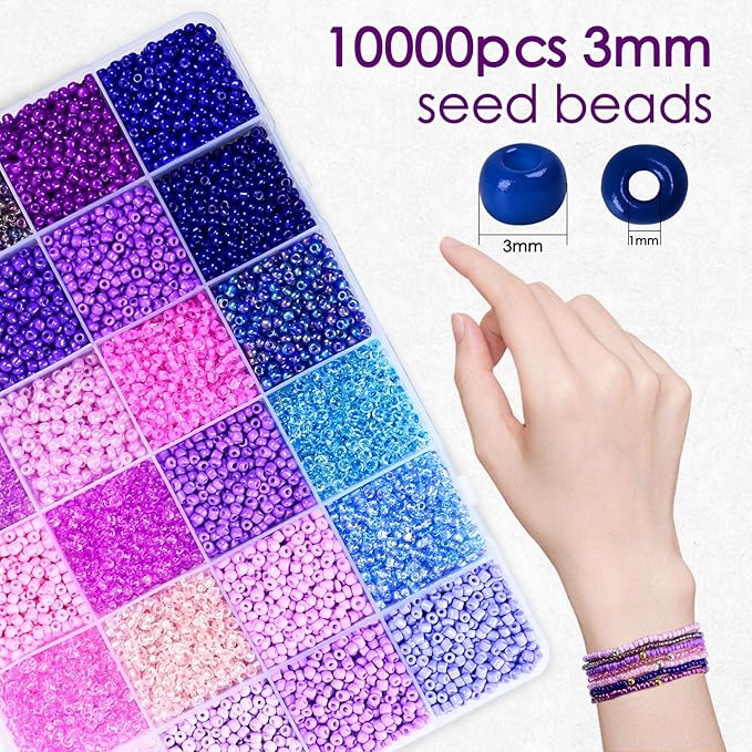 Vtssvow 3mm Glass Seed Beads for Bracelets Making, 24 Colors 10000pcs Friendship Bracelet Making Kit, Small Glass Beads for Jewelry Making (Mix 24 Color, Purple)
