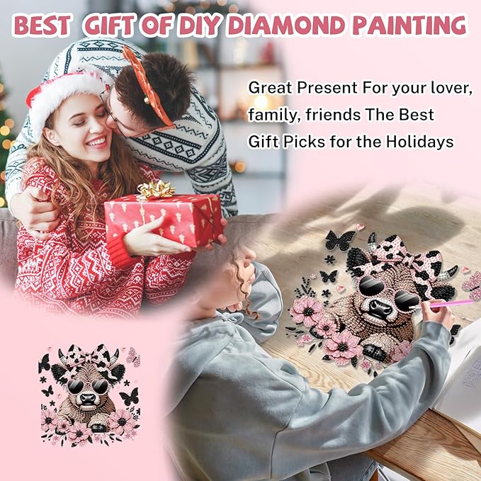Bowetile Cow Diamond Art Hanging Kits for Adults, Diamond Art Suncatchers Animals, 5D Special Shape Diamond Painting Pendant Window Ornament Gifts for Home Wall Door Garden Decor