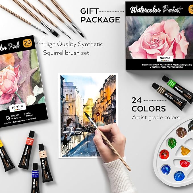 nicpro watercolor paint set for adults, beginner & artists, 24 colors watercolor tube set (12ml,0.4oz) with 25 watercolor paper book, 8 squirrel paint brushes, palettes, water color painting supplies