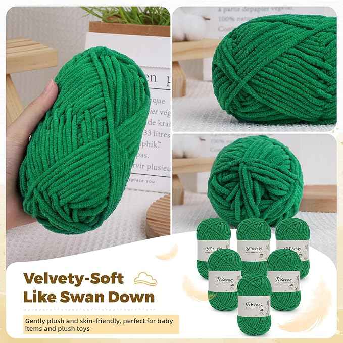 Bulky Chenille Yarn for Crocheting – 6 Pack of 50g/1.76oz Skeins, Pure Polyester, CYC #5 Bulky Weight – Ultra Soft Chenille Yarn Pack for Crafting Plush Toys, Blankets, Scarves(Jade Green)