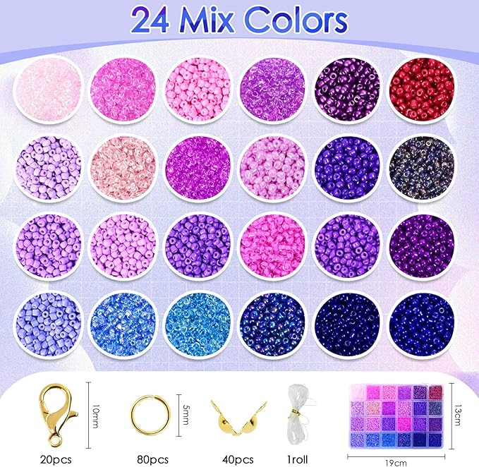 Vtssvow 3mm Glass Seed Beads for Bracelets Making, 24 Colors 10000pcs Friendship Bracelet Making Kit, Small Glass Beads for Jewelry Making (Mix 24 Color, Purple)