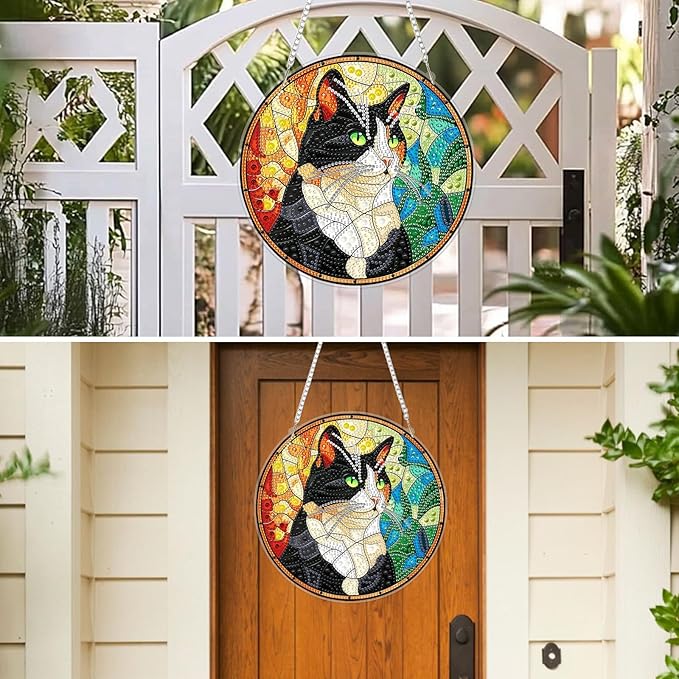 MXJSUA Diamond Art Hanging Kits for Adults Beginners, Stained Glass Cat DIY Acrylic Special Shaped Crystal Diamond Gem Art Pendant Drills Painting Ornament for Home Wall Decor and Gift