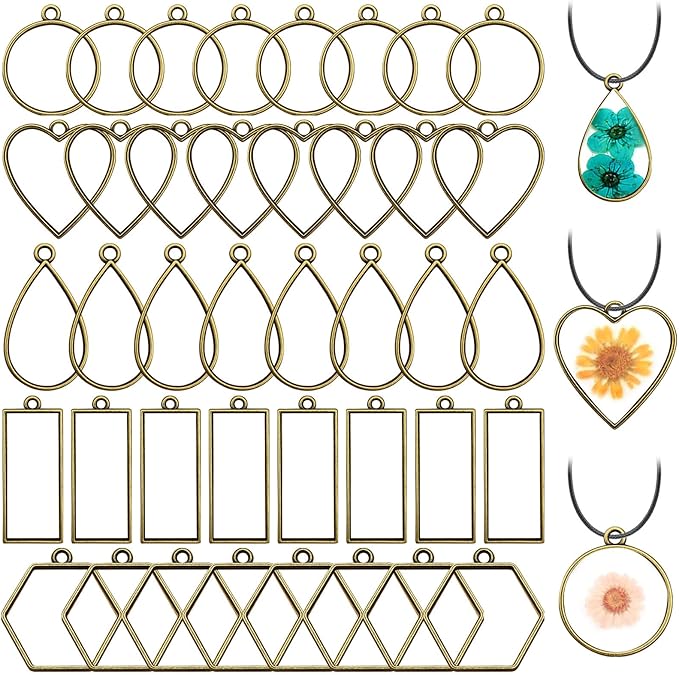 50pcs Open Bezels for Resin,5 Styles Hollow Frame Pendants Resin Casting Frame Pendant Resins Jewelry Making Supplies for Resins Casting,Necklace,Earrings,Pressed Flower,DIY Crafts(Ancient Cyan)