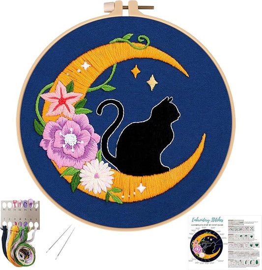 Louise Maelys Cat Moon Embroidery Kits for Beginners with Floral Pattern,Adults Starter Cross Stitch Kit DIY Needlepoint