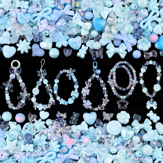 200-260PCS TINKRSTUFF Assorted Acrylic Beads Blue Cute Beads for Bracelet Making, Bow Flower Butterfly GummyBear Kawaii Charms, Aesthetic Bead for Necklace Keychain Jewelry Making DIY Phone Charm