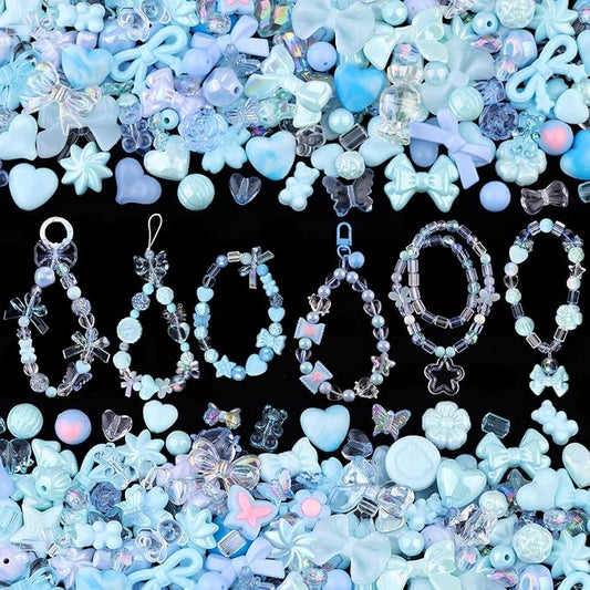 200-260PCS TINKRSTUFF Assorted Acrylic Beads Blue Cute Beads for Bracelet Making, Bow Flower Butterfly GummyBear Kawaii Charms, Aesthetic Bead for Necklace Keychain Jewelry Making DIY Phone Charm