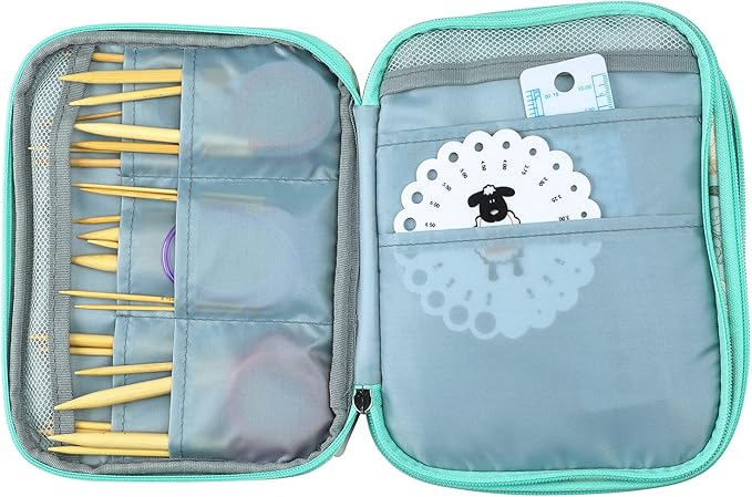 Knitting Needles Case Crochet Hooks Organizer Zipper Bag, Portable Travel Storage Pouch for Circular Knitting Needles, Crochet Hooks, Sewing Tools (Green Lily)