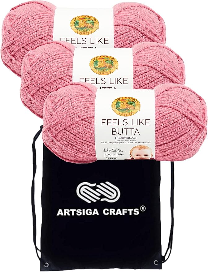 Lion Brand Feels Like Butta Dusty Pink 215-140 (3-Skeins - Same Dye Lot) Worsted Medium #4 Polyester Yarn for Crocheting and Knitting with Project Bag
