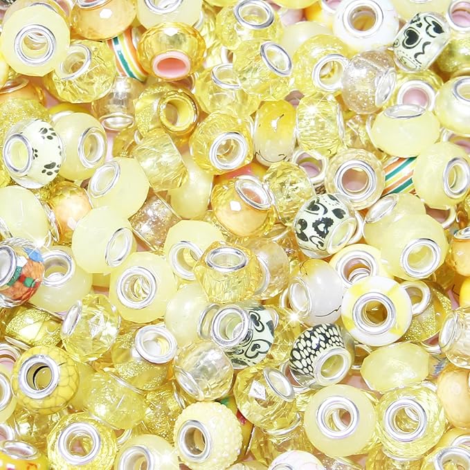 60Pcs Large Hole Beads Spacer Beads Yellow Assorted European Craft Big Beads Large Hole Lampwork Murano Bead Fairy Wand Garden Bead for DIY Charm Bracelet Necklace Jewelry Making Decoration Supplies