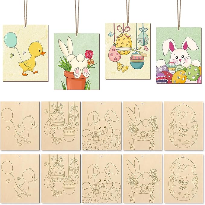 COCHIE 10 Pieces Large Easter Unfinished Wood Crafts to Paint for Adults, Bulk Predrilled Wooden Ornaments for Painting, Bunny Duck Eggs Paintable Wood Slices Craft Supplies with Ropes