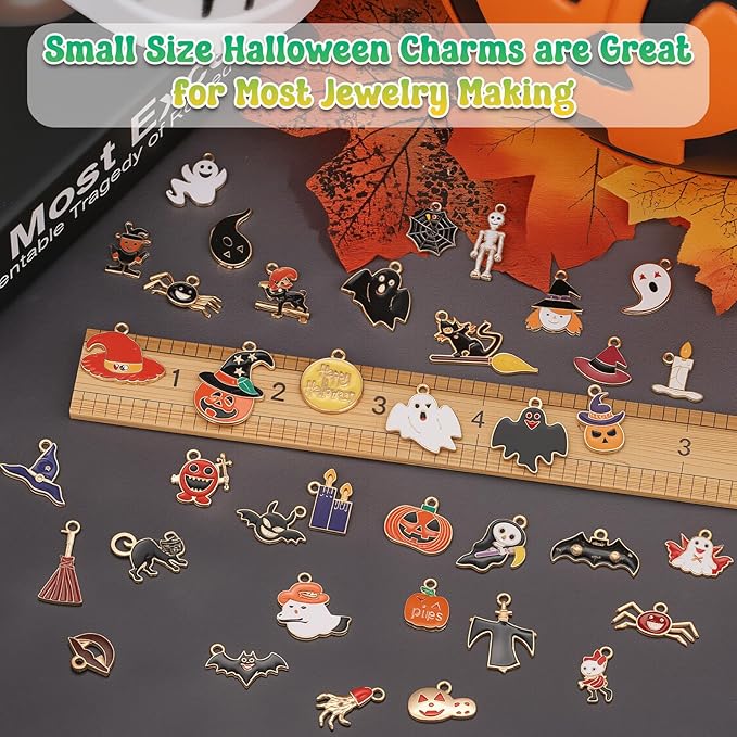 100Pcs 50 Pairs Halloween Charms for Jewelry Making and Bracelets, Gold Enamel Jewelry Pendants for Halloween Earring Bracelet Necklace Craft Making