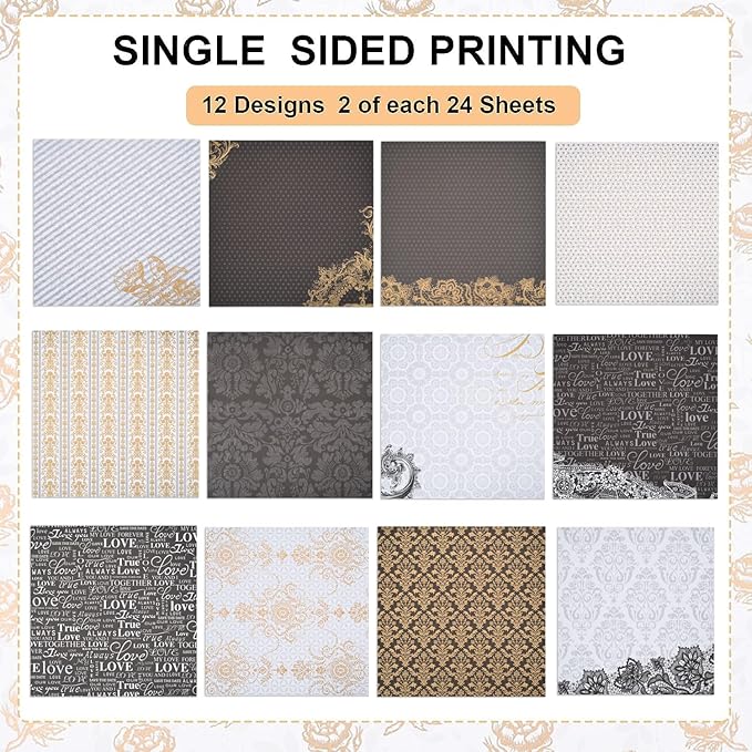12x12 Vintage Scrapbook Paper Pad - 27 Sheets Gold Foil Black Origami Decoupage Patterned Kit Supplies for Art Journaling Wrapping Card Making Crafting Gift Photo Album