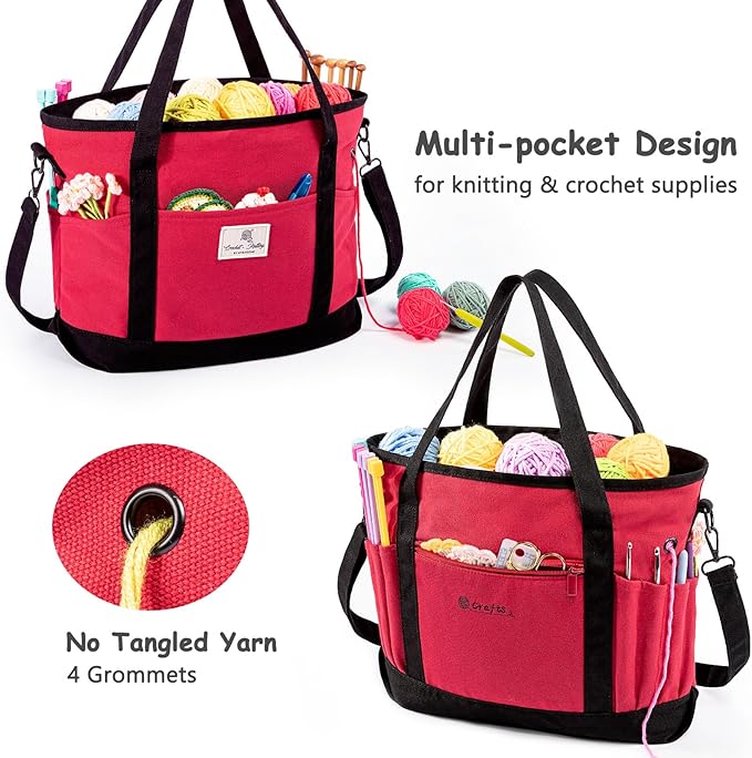 Canvas Yarn Storage Organizer Bag Washable Crochet Bag with Pockets for Yarn, Hooks, Needles – Travel Knitting Tote for Crafters – Gift for Crocheters & Knitters (Medium/Large)