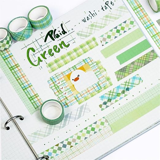 YUBX Basic Grid Washi Tape Set 12 Rolls Plaid Decorative Masking Tapes for Arts, DIY Crafts, Journals, Planners, Scrapbook, Wrapping (Green)