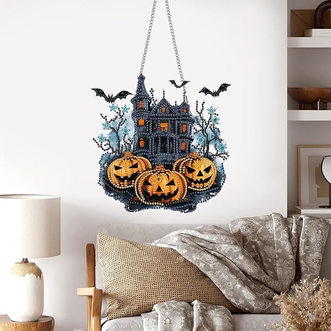 Pavemlo Hanging Diamond Art Kits for Adults Halloween Pumpkin – 8x8Inch Double-Sided Acrylic Board DIY Crystal Diamond Suncatcher Pendant, Sparkling Home Wall or Window Decoration Handmade Gift