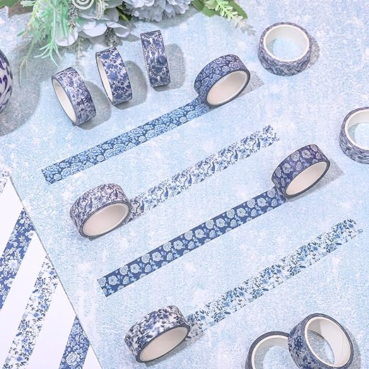 12 Rolls Blue Floral Washi Tape Chinoiserie Flower Bird Decorative Masking Tape Set Blue White Wrapping Paper Tape for Scrapbook Journal DIY Art Crafts