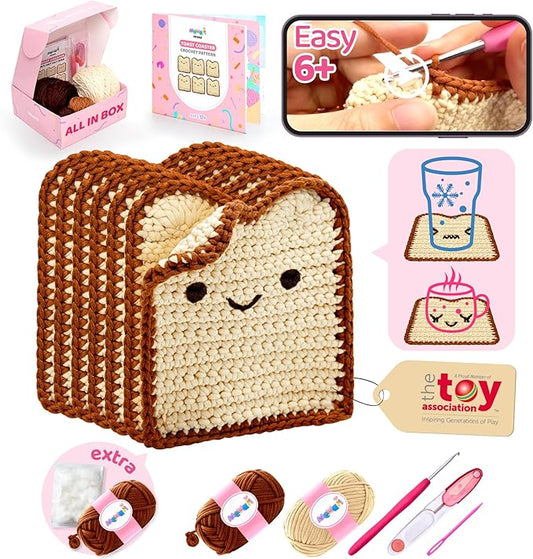 Mewaii Crochet Kit for Beginners Level 1 with 40% Extra Eco-Friendly Pre-Started Easy Yarn, Step-by-Step Video Tutorials for Adults and Kids (Toast Coaster)