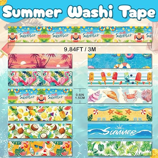 Summer Washi Tape Set,12 Rolls Hawaii Beach Holiday Decorative Tape Flamingo Tropical Leaves Coconut Watermelon Pineapple Masking Tape for Journaling Supplies, Gift Wrapping, DIY Art&Crafts