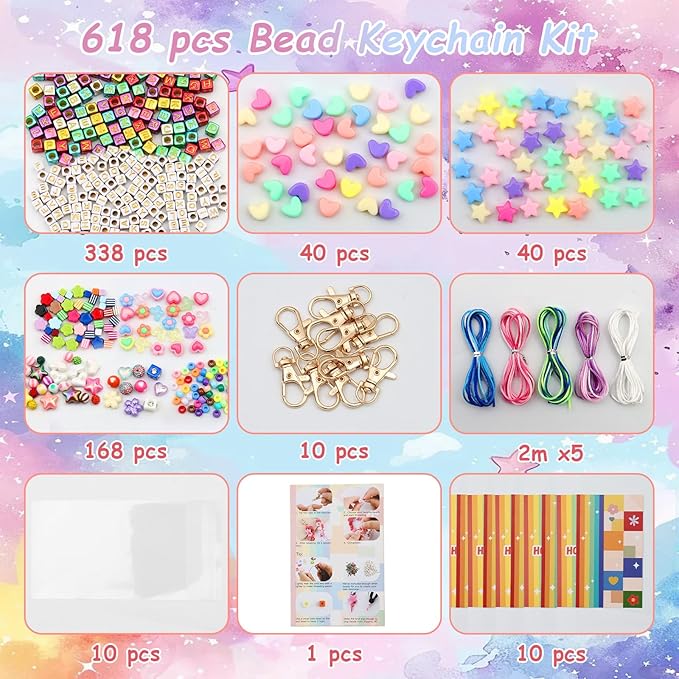 ASTNIC 618 Pcs Keyring Making Kit with Keychain, Letter Beads & Pony Beads for Phone Charm, DIY Beaded Keychain Making Kits for Bag Charm, Personalised Gifts for Women, Jewelry Making Kit