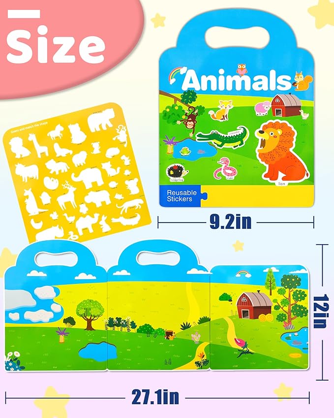 benresive reusable sticker books for kids, sticker books for toddlers, toddler travel toys activities crafts ages 3 and up birthday gifts - animal