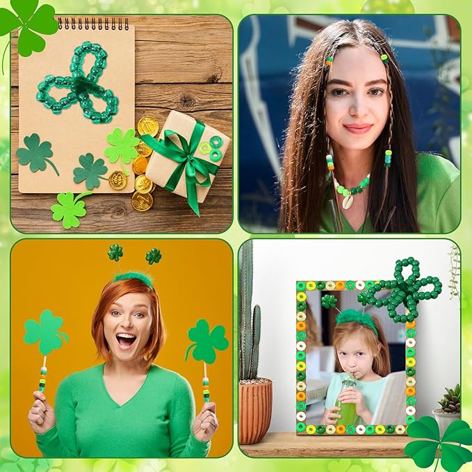 UPINS 1200Pcs St. Patrick's Day Pony Beads,Green Glitter Irish Colored Beads Bulk for Jewelry Making Bracelets Necklace DIY Crafts Supplies (10 Colors)