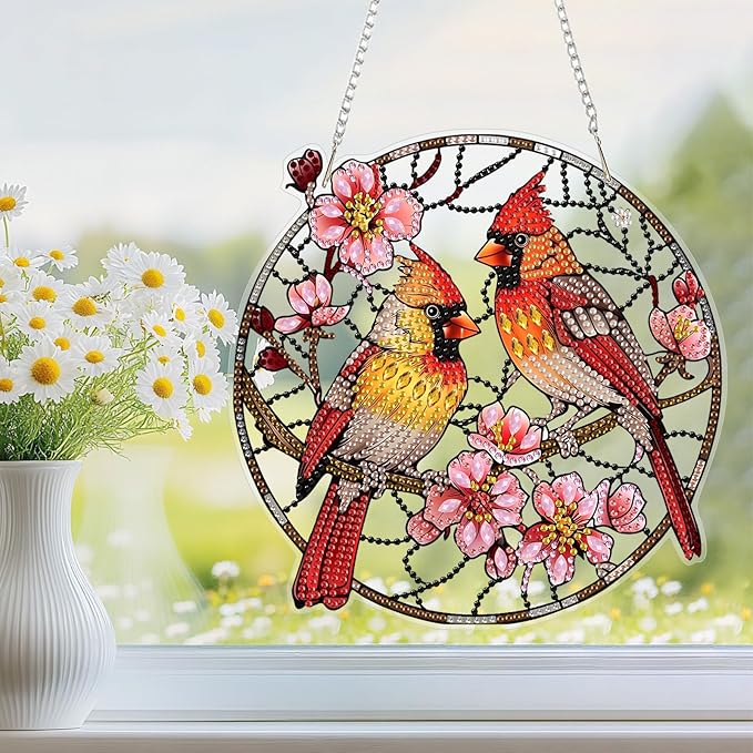 NEWENMO Hanging Diamond Art Kit for Adult, Cardinal, 5D Special Shaped Rhinestone Diamond Painting Ornament, Flower Bird, DIY Acrylic Diamond Art Painting Window Pendants Home Garden Wall Decor