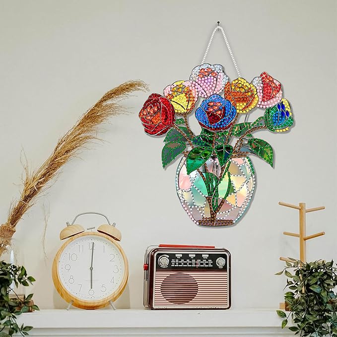 SKRYUIE Flower Hanging Diamond Art Kits for Adults Pendant Suncatcher, Special Shaped Crystal DIY Pearl Diamond Painting Kit, Gift for Mother Spring Summer Window Wreath Decor 7.33 x 7.09 Inch A29