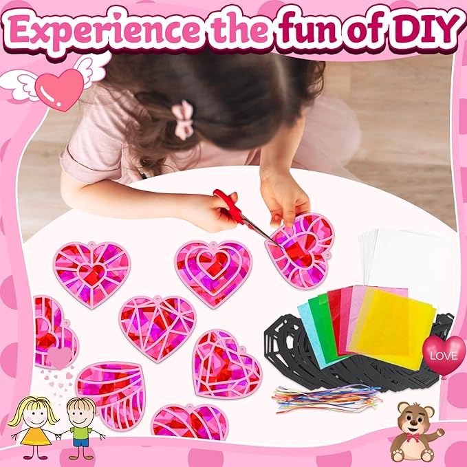 32 Sets Valentines Day Heart Suncatchers Craft Kit DIY Window Stained Glass Effect Valentines Heart Paper Crafts Home School Classroom Decoration Birthday Gift Creative Art Project & Activity Game