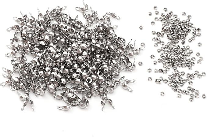 304 Stainless Steel Crimp Beads 2.0mm and End Caps 3.2x6.3mm Set 200pcs for Jewelry DIY Making and Repairing