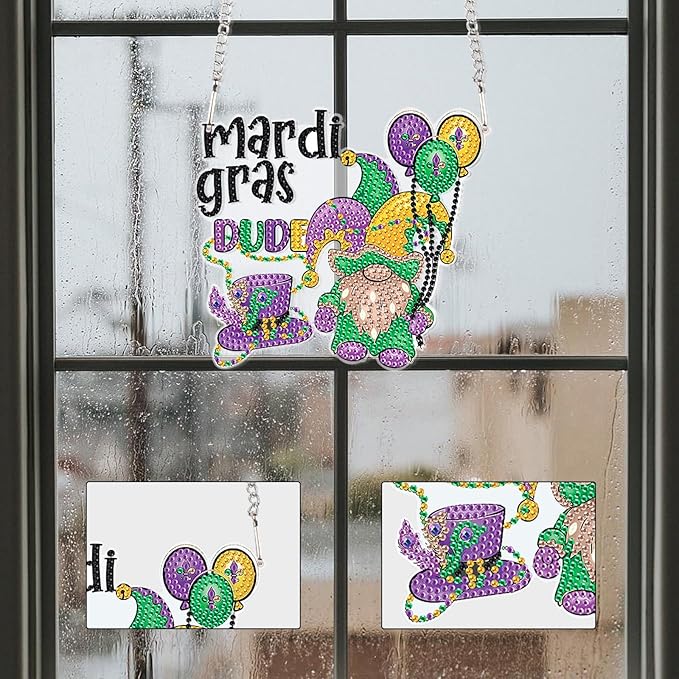 5D DIY Diamond Painting Mardi Gras Gnome Hanging Pendant – Acrylic Special Shaped Rhinestone Kit, Window or Wall Ornament for Festival Home Decoration and Gift