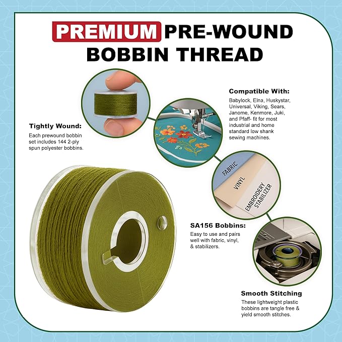 Mandala Crafts 144 Olive Green SA156 Prewound Bobbins for Singer Sewing Machine -15J SA156 Prefilled Bobbin Thread for Brother Sewing Machine and Embroidery