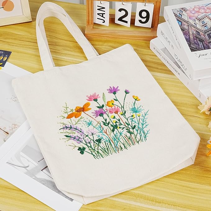 Embroidery Kit Canvas Tote Bag, Hand Embroidery Kit with Floral Pattern for Beginners, Cross Stitch Kits for Adults, Arts and DIY Crafts Kits, Embroidery Starter kit with Embroidery Bag and Tools
