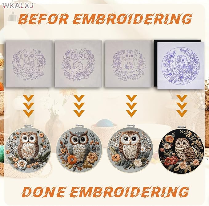 wkalxj 4 sets owl embroidery kit - 8.2" hoops, embroidery kit for beginners to advanced, cross stitch kits, needlepoint kits with instruction, video, needle point kits (advanced owl set)