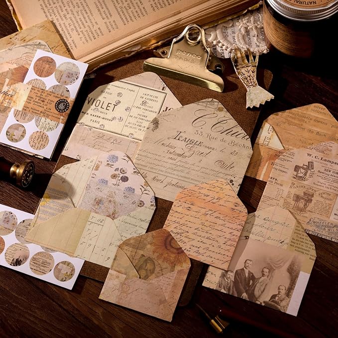 92 Pieces Mini Stationery Paper Envelopes and Sealing Sticker Set, 60 Vintage Writing Scrapbook Papers with 16 Matching Envelopes and 16 Round Seal Sticker