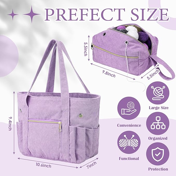 Bulyoou 2 Pcs Crochet Bag and Tote Set Corduroy Yarn Bag Crochet Tote Bag for Crochet Hooks Organizer Yarn Holder for Crochet Lovers Knitting Bag Crochet Accessories(Purple)