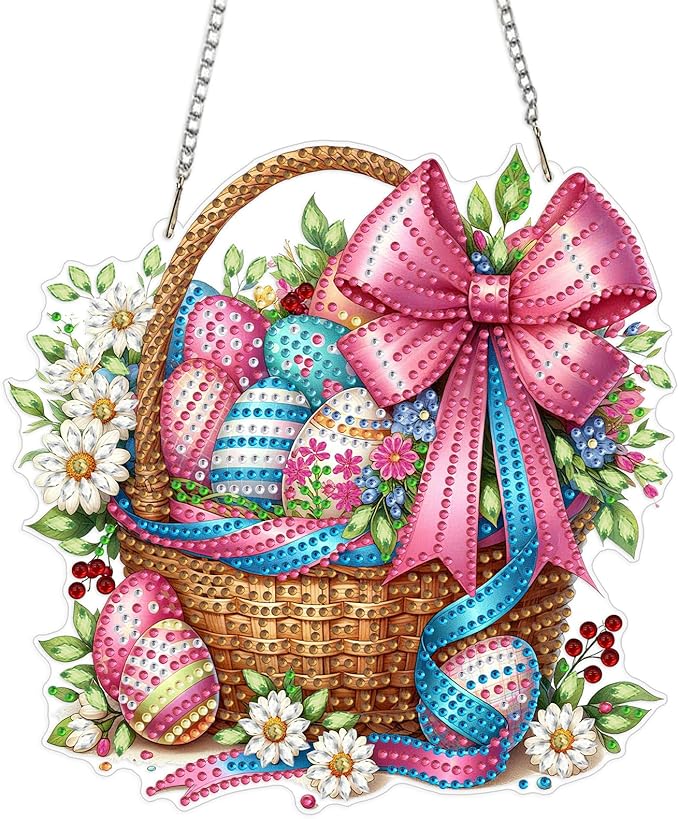 MEIYUDA Easter Egg Diamond Art Hanging Kits for Adult, Easter Eggs Basket Diamond Painting Hanging Kits Ornaments, DIY Special Shaped Rhinestone Window Pendants kit for Home Garden Wall Decor Gift