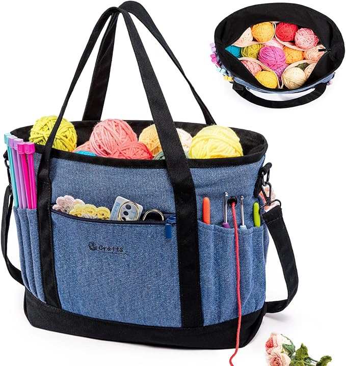 Canvas Yarn Storage Organizer Bag Washable Crochet Bag with Pockets for Yarn, Hooks, Needles – Travel Knitting Tote for Crafters – Gift for Crocheters & Knitters (Medium/Large)