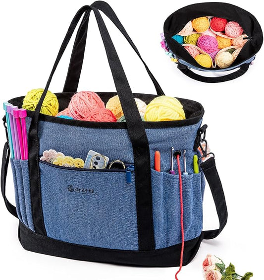 Canvas Yarn Storage Organizer Bag Washable Crochet Bag with Pockets for Yarn, Hooks, Needles – Travel Knitting Tote for Crafters – Gift for Crocheters & Knitters (Medium/Large)
