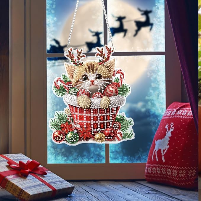 Bowetile Christmas Diamond Art Hanging Kits for Adults, Diamond Art Suncatchers Cat, 5D Special Shape Diamond Painting Pendant Window Ornament Christmas Gifts for Home Door Wall Decor