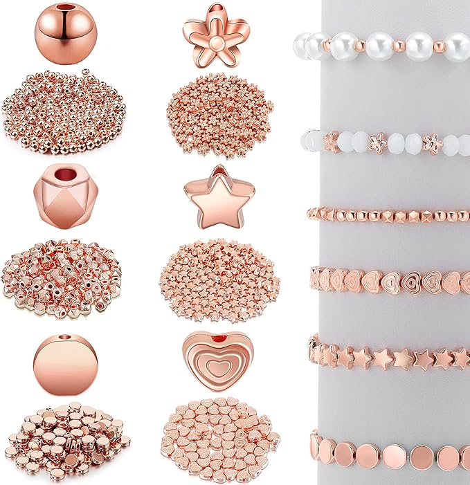 Hicarer 1200 Pieces Spacer Beads Set Star Round Ball Rondelle Faceted Spacer Heart Flower Flat Disc Loose Beads for Bracelet Charms Jewelry Making
