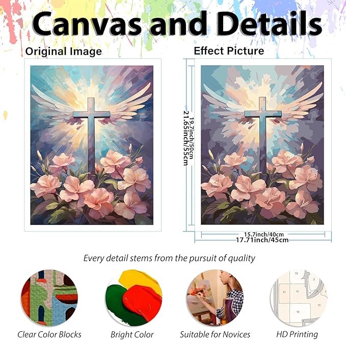 hkejoi Religious Paint by Numbers Kit for Adults Beginners, Adult Paint by Number Kits on Canvas Cross, Painting by Number DIY Acrylic for Gift Home Decor 16x20 in