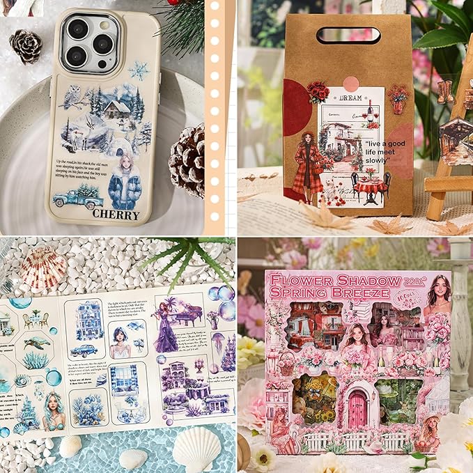 500PCS Scrapbook Stickers Kit, Vintage Flowers House People Transparent Waterproof Stickers Set for Scrapbooking Supplies, Aesthetic Junk Journals for DIY Art Crafts, Laptop, Water Bottle, Card Making