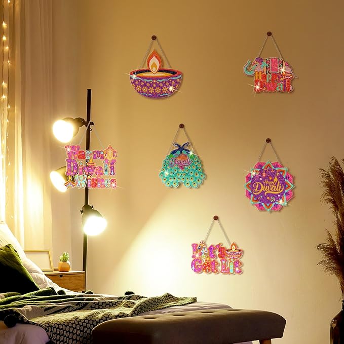 Zonon 6 Pcs Diwali Decoration Diamond Art Painting Hanging Sign Set Indian Diamond Art Adults 5d DIY Craft Acrylic Pendant Ornaments Kits Pooja Decor for Diwali Home Wall Door Window Decor