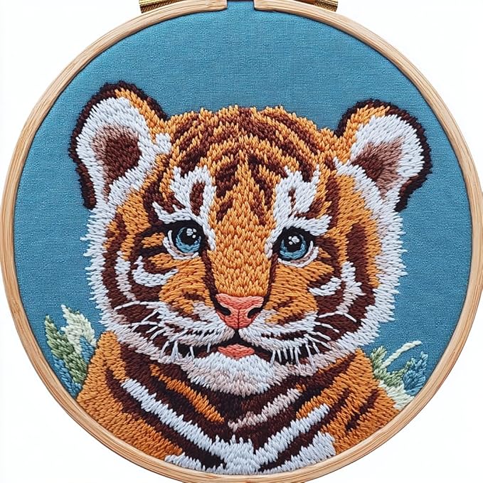 DIY Punch Needle Kits for Beginners Cartoon Tiger Portrait with Hoop Embroidery Punch Needle Starter Craft Set Easy for Adults and Children Festival Gift and Decoration 20x20cm-1