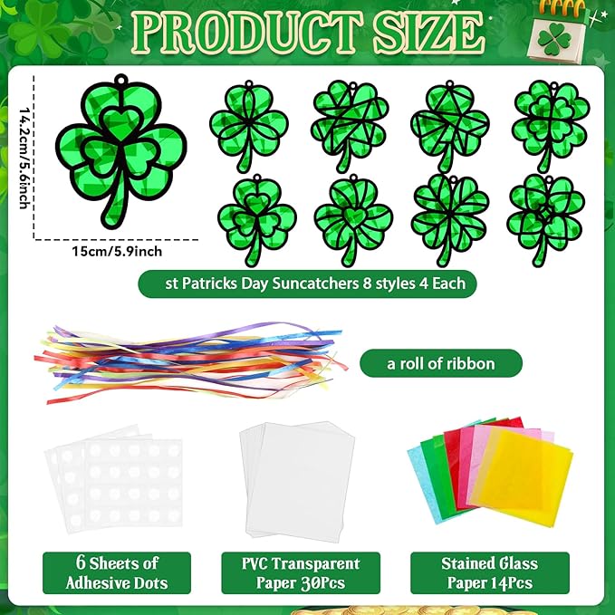 32 Sets St Patricks Day Suncatchers Craft Kit DIY shamrock Window Stained Glass Effect Paper Green Leaf Home School Classroom Decoration St Patricks Art Craft Creative Activity Project Gift Favor