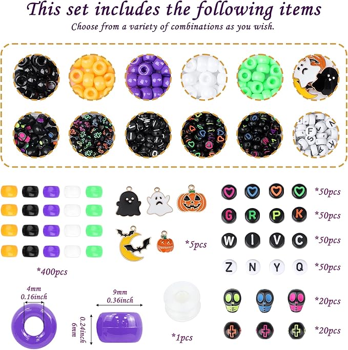 Sahoottie 640 Pcs Halloween Pony Beads Charms for Bracelet Necklace Earring Jewelry Making Kit, Halloween Beads, DIY Crafts for Gifts Party This Product is Suitable for Ages 14 and Above