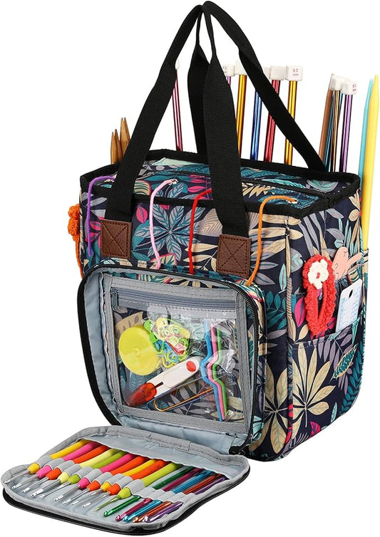 LOOEN Yarn Knitting Storage Tote-Large Capacity Crochet Organizer Portable Travel Bag with Shoulder Strap Crochet Hooks Case for Unfinished Bulk Project