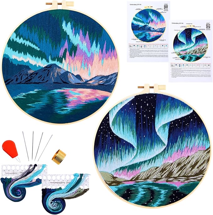 Aurora Borealis Embroidery Starter Kits for Beginners Adults, Stamped Cross Stitch Kit for Adult Beginner, Hand Embroidery Needlepoint Kit, 2 Set Embroidery Supplies, 2 Hoops (Attached Video Tutorial)