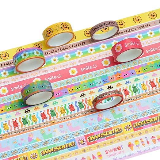 YUBX Cute Cartoon Washi Tape Set 16 Rolls Bright Colors Kawaii Masking Graphic Decorative Tapes for Arts, DIY Crafts, Journals, Planners, Scrapbook, Wrapping