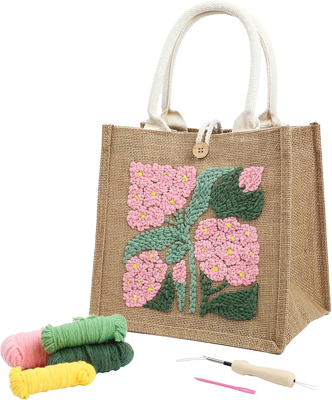 ERNTRNL Punch Needle Tote Bag Kit for Adults Beginner - DIY Punch Needle Embroidery Tote Bag Set, Punch Stitching Bags Kit with Instructions & Video Tutorial,Unique Pattern,Tools (Pink-Green)